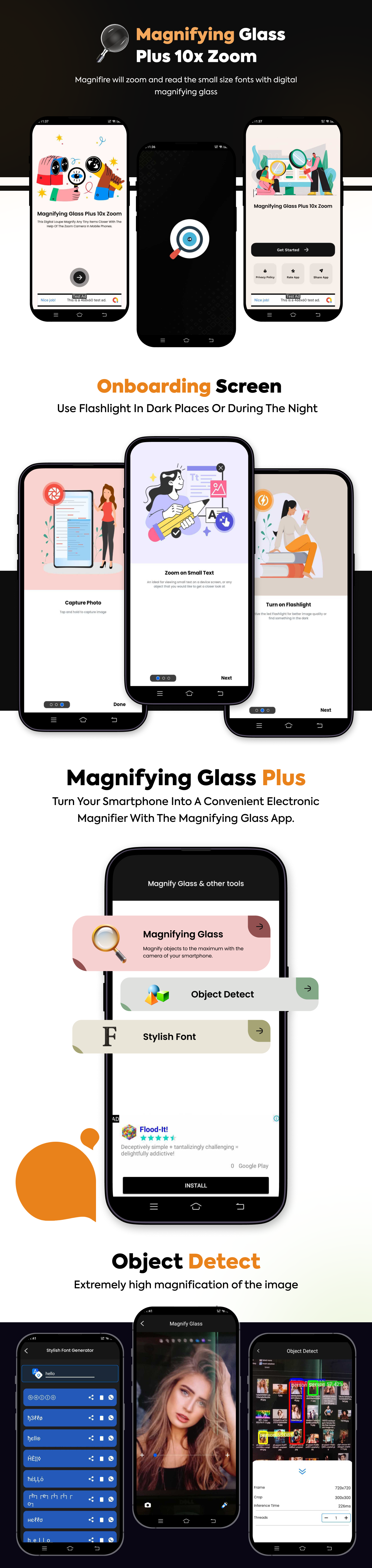 Magnifying Glass Plus app interface showing 10x zoom and text font options